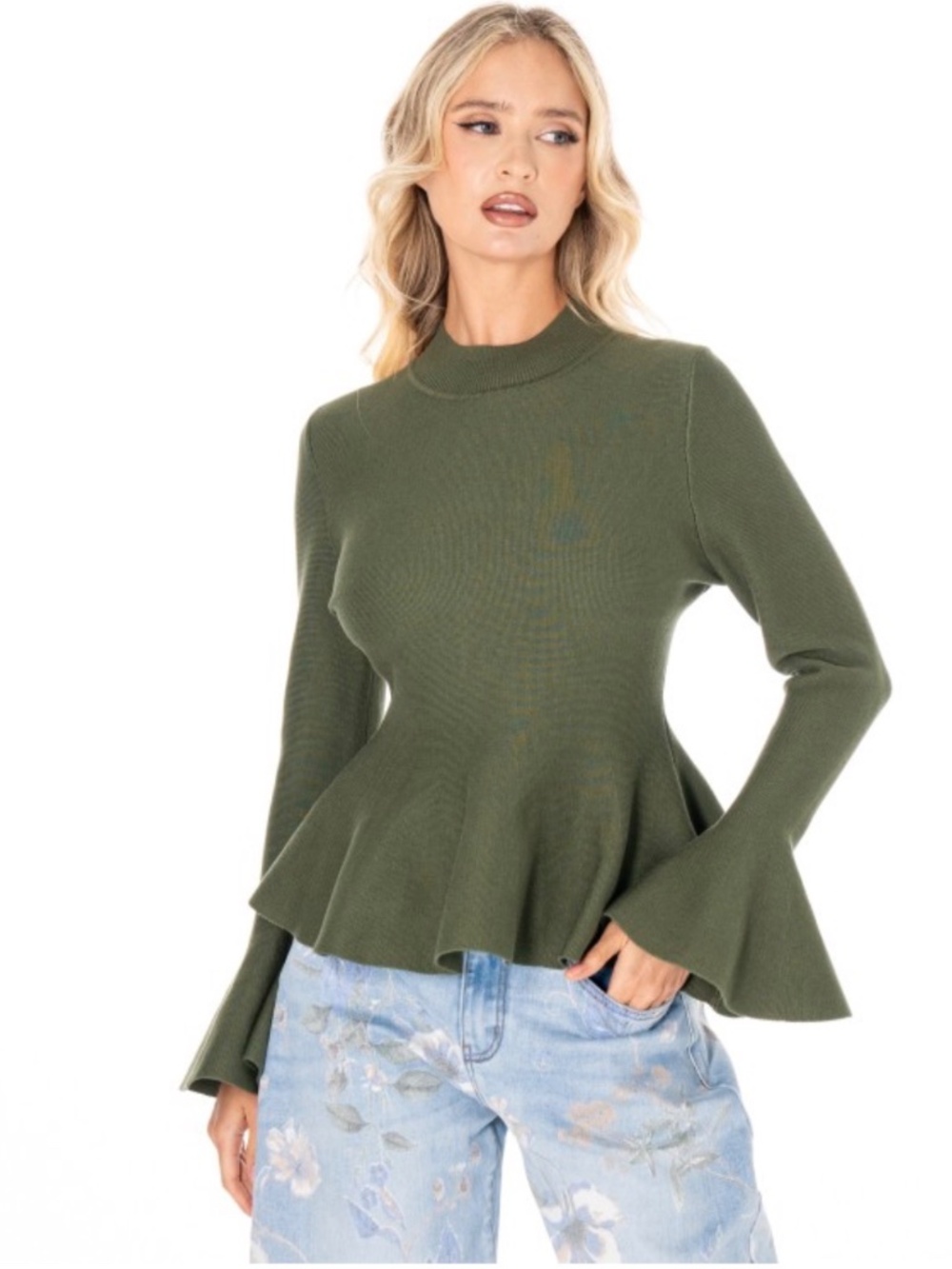 SM243 | Olive Bell Sleeve Peplum Sweater